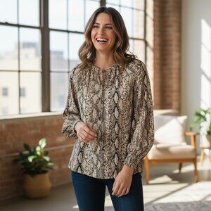 Ava & Viv Womens Plus Size Tan Snake Print Long Sleeves Blouse Tie-Neck Top